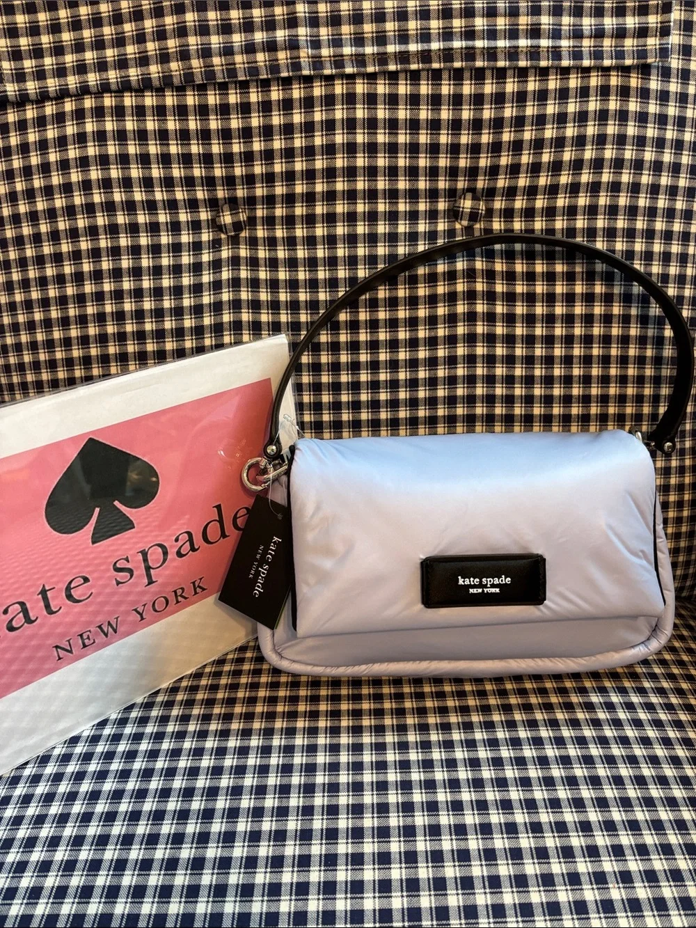 kate spade puffy Lilac Satin Shoulder Bag with Black Handle